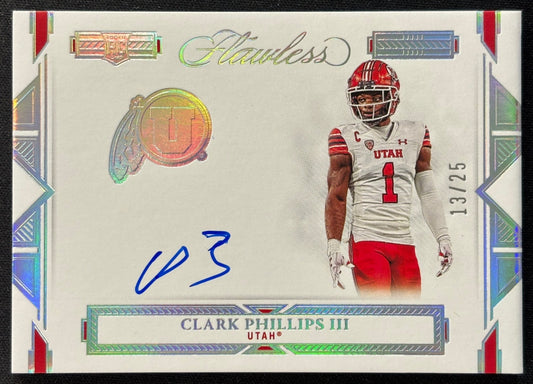 Front of Clark Phillips III 2024 National Treasures Collegiate 2023 Panini Flawless Football Updates - Team Logo Signatures /25 Utes sports trading card
