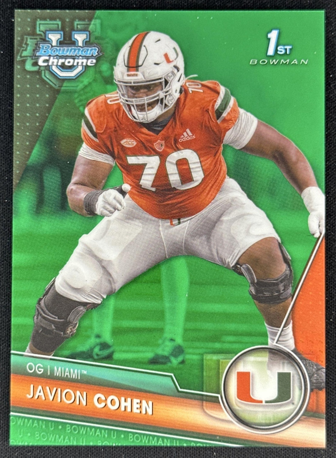 Javion Cohen 2023 Bowman University Chrome Green Refractor /99 Hurricanes front