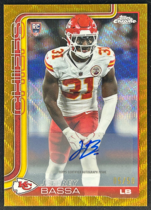 Jeffrey Bassa 2025 Chrome Retail Rookie Auto Gold Wave Refractor /50 Chiefs