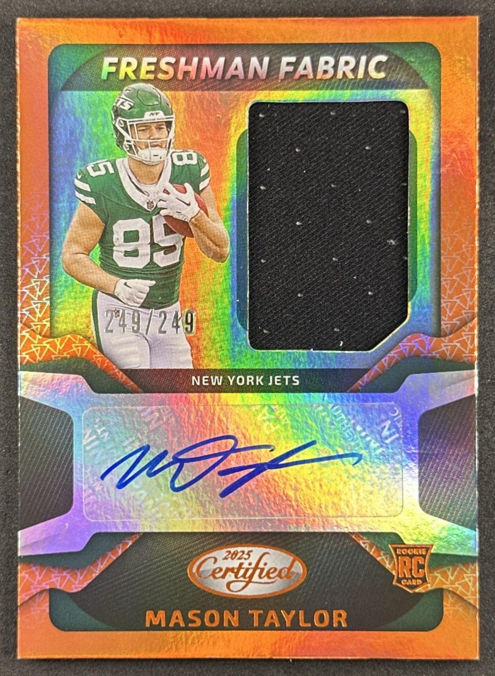 Mason Taylor 2025 Certified Freshman Fabric Mirror Signatures Orange /249 Jets Sports Trading Cards