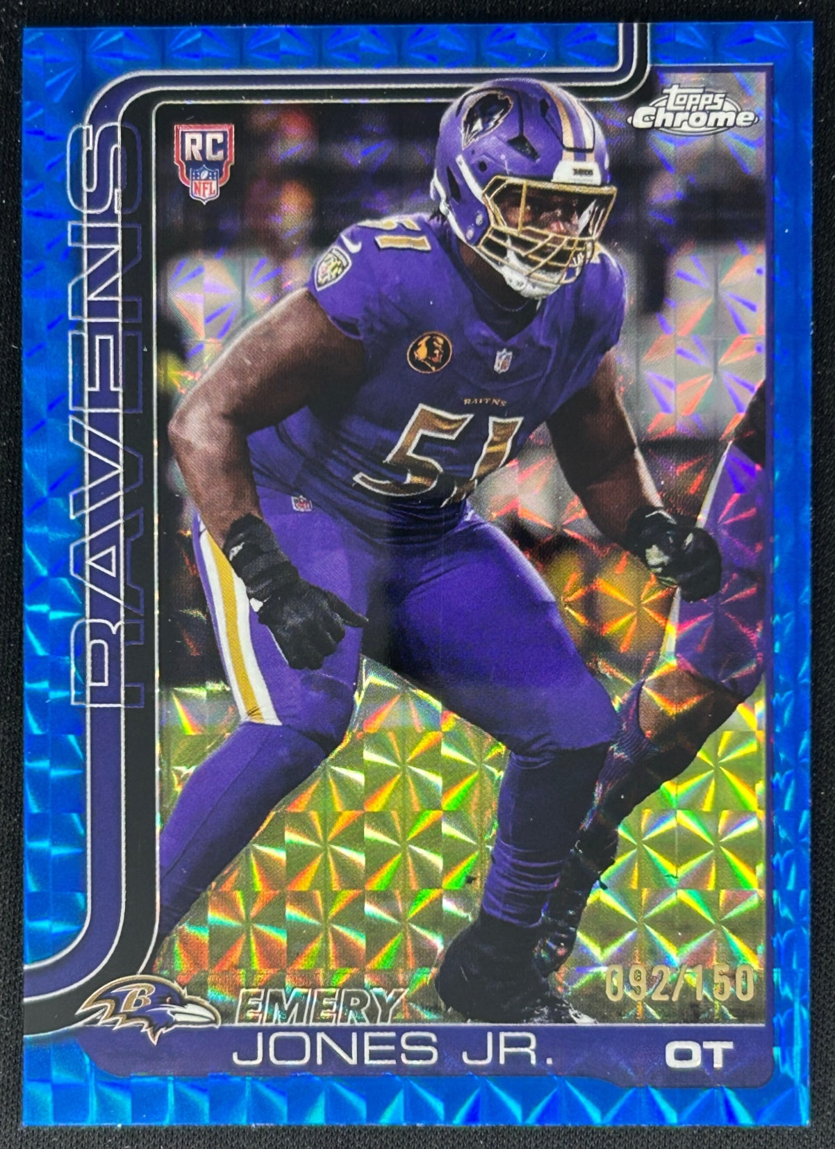 Emery Jones Jr. 2025 Topps Chrome Rookie Blue Geometric Refractor /150 Ravens Sports Trading Cards