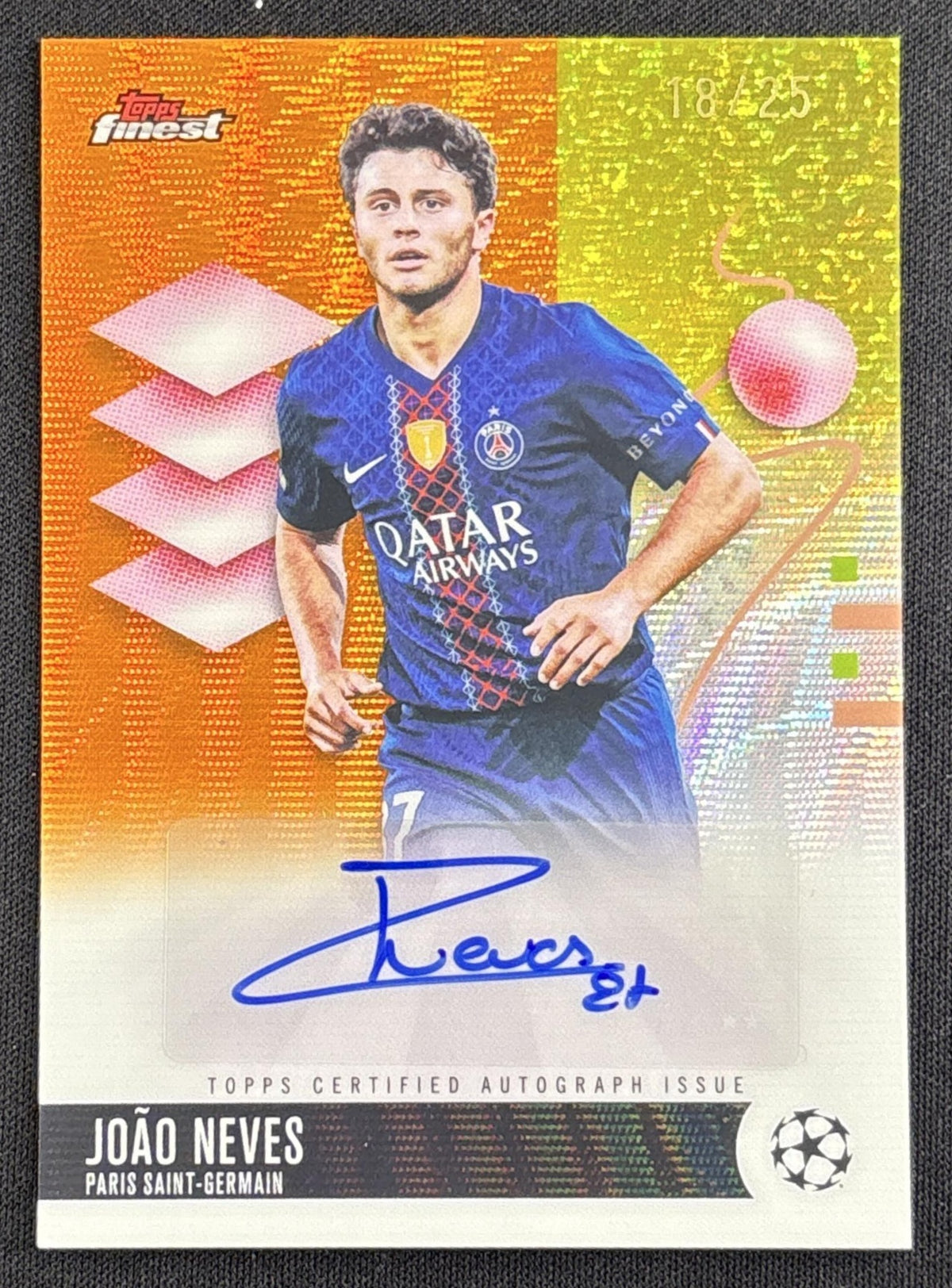 Joao Neves 2025 Topps Finest UEFA Club Competition Auto Orange Wave Refractor /25 PSG
