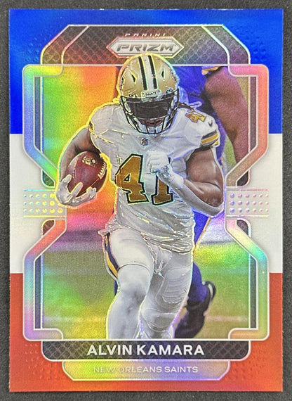Alvin Kamara 2021 Panini Prizm Red White and Blue Saints front sports trading card