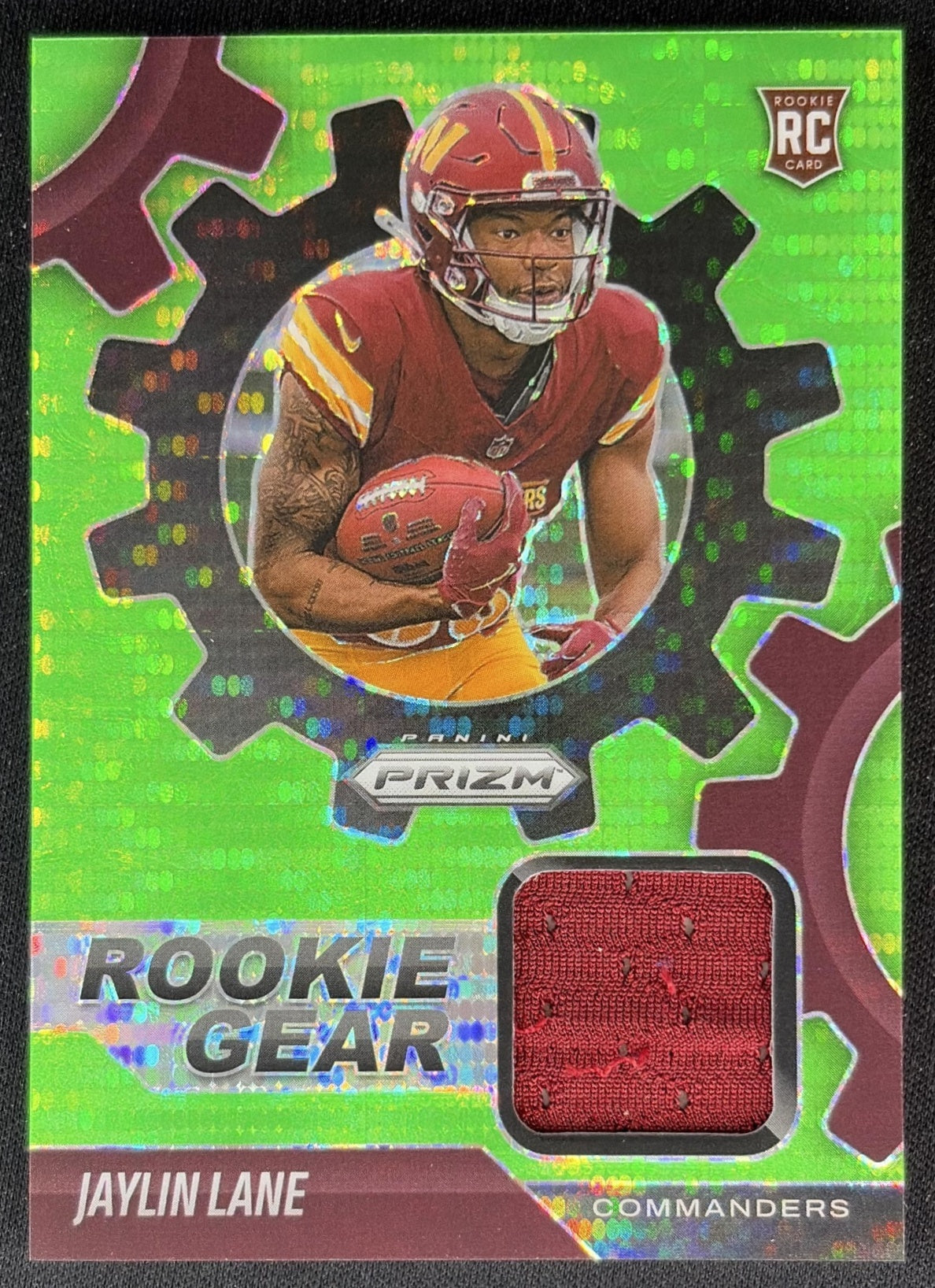 Jaylin Lane 2025 Panini Prizm Rookie Gear Neon Green Pulsar Commanders front