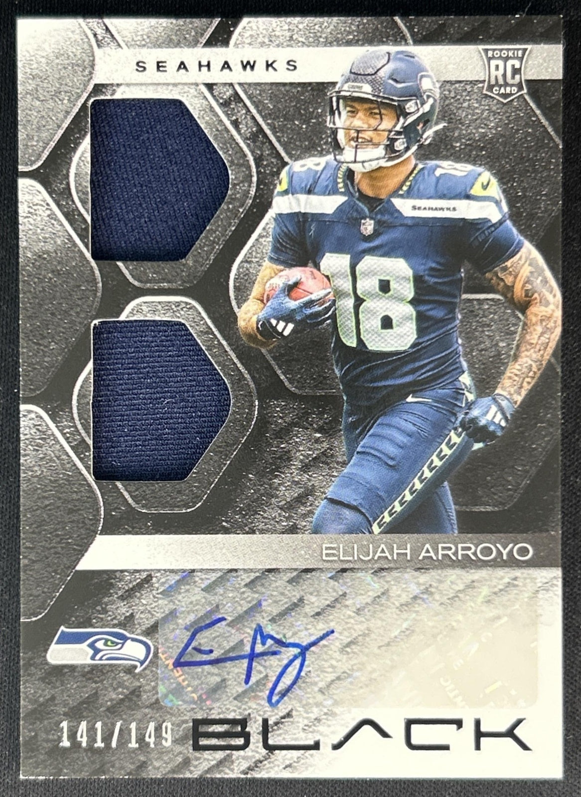 Elijah Arroyo 2025 Panini Black Rookie Signature Materials /149 Seahawks Front