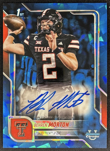 Behren Morton 2025 Bowman Chrome University Sapphire Prospect Auto Red Raiders front