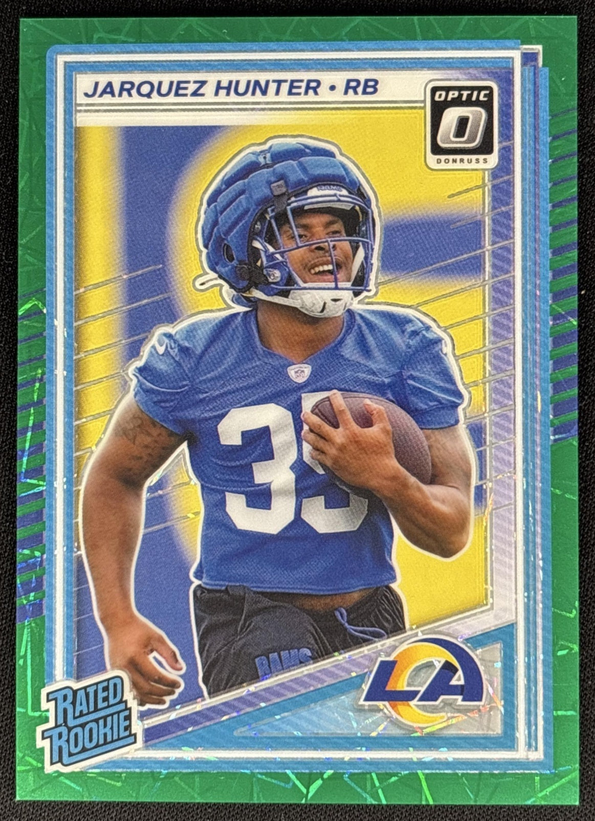 Jarquez Hunter 2025 Donruss Optic Rated Rookie Preview Green Velocity Rams front