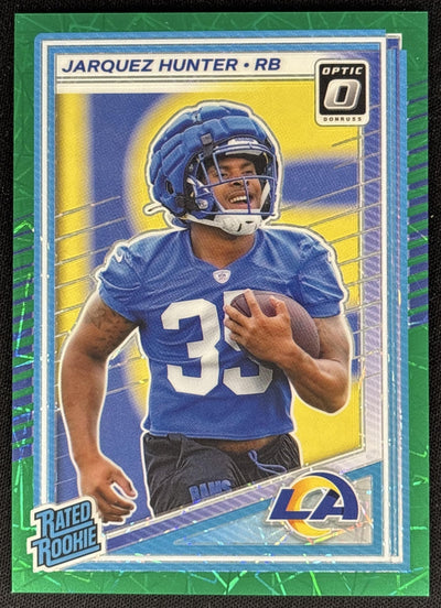 Jarquez Hunter 2025 Donruss Optic Rated Rookie Preview Green Velocity Rams Football