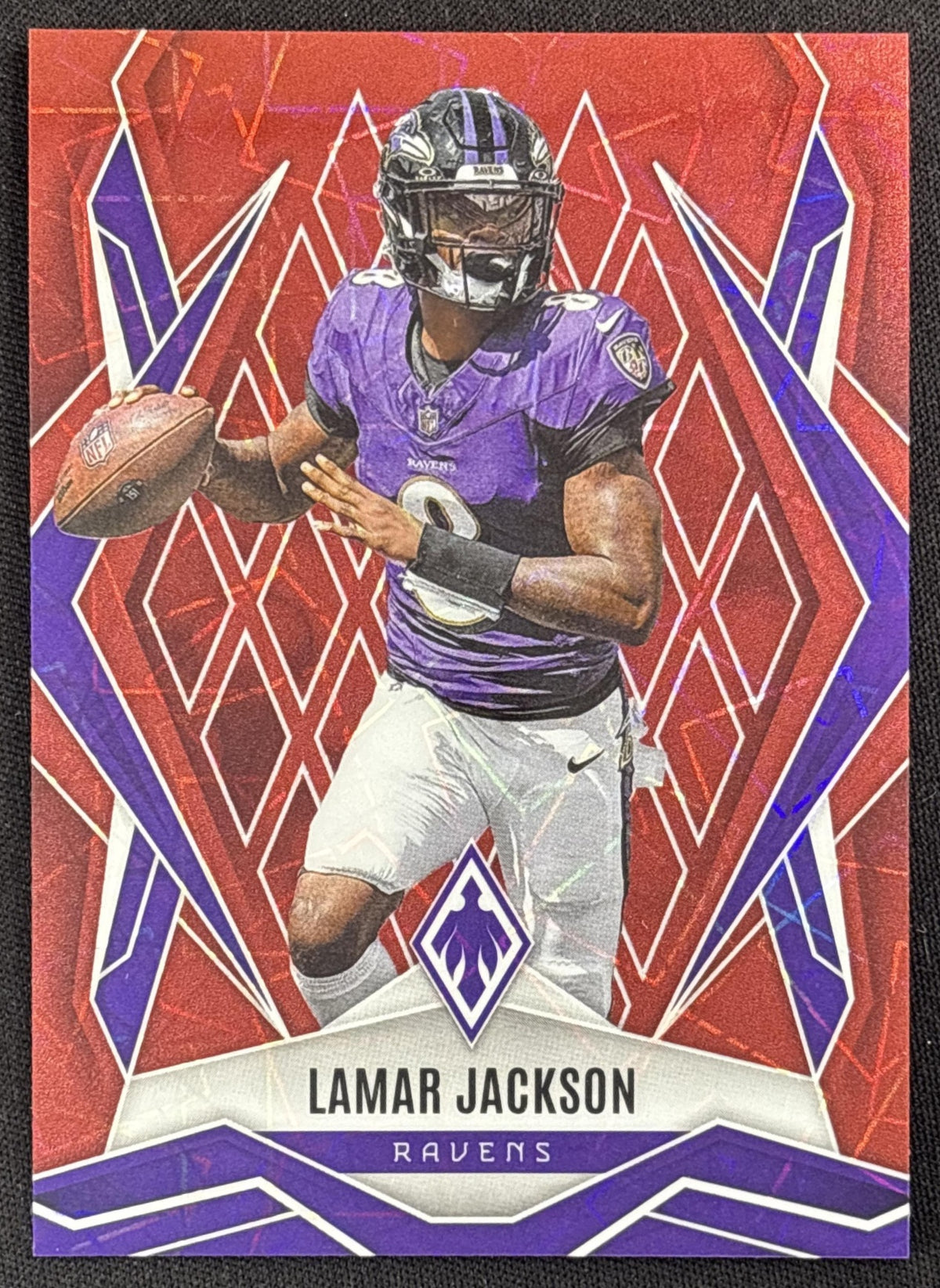 Lamar Jackson 2025 Panini Phoenix Red Lazer Prizm /199 Ravens