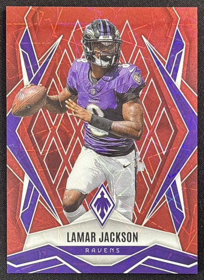 Lamar Jackson 2025 Panini Phoenix Red Lazer Prizm /199 Ravens
