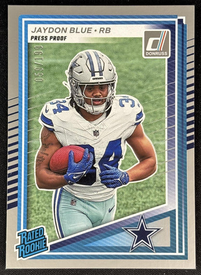 Jaydon Blue 2025 Panini Donruss Rated Rookie Press Proof Silver /199 Cowboys front