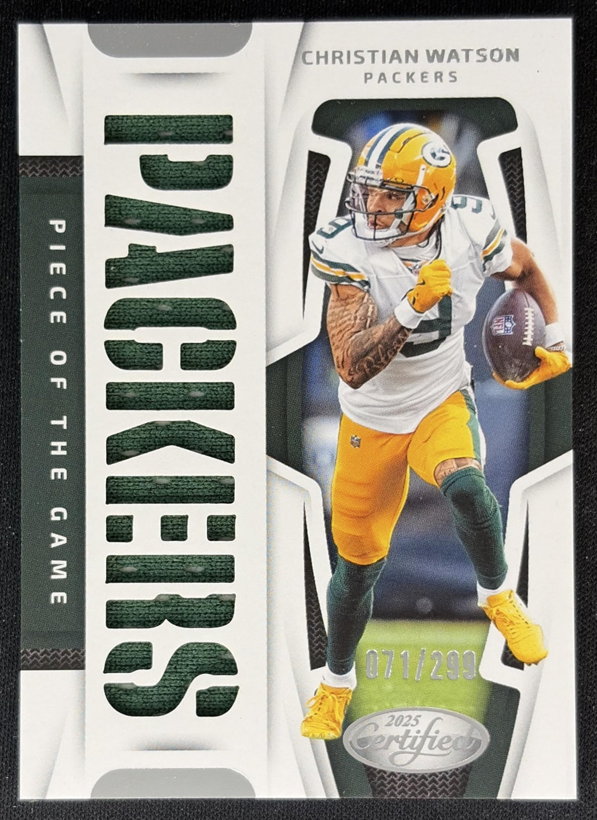 Christian Watson 2025 Panini Certified Piece of the Game /299 Packers Sports Trading Cards