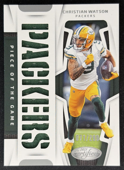 Christian Watson 2025 Panini Certified Piece of the Game /299 Packers Sports Trading Cards