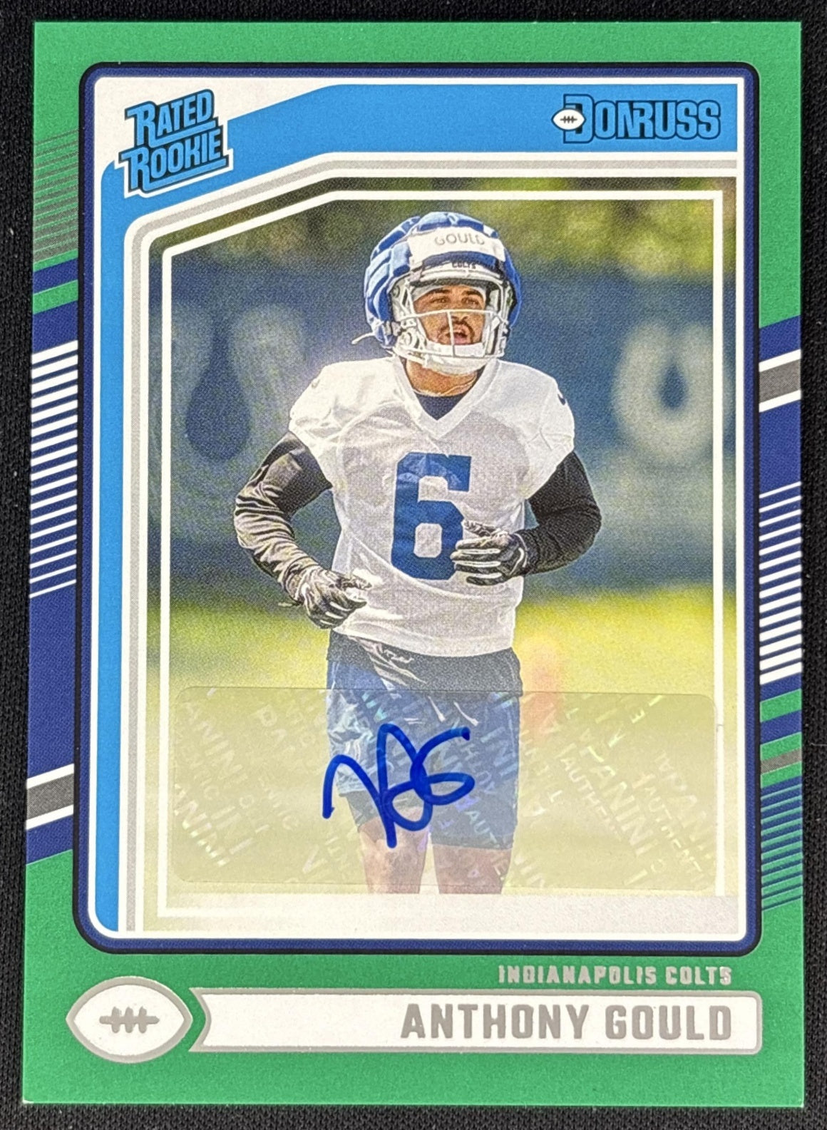 Anthony Gould 2024 Panini Donruss Press Proof Green Auto Colts Front
