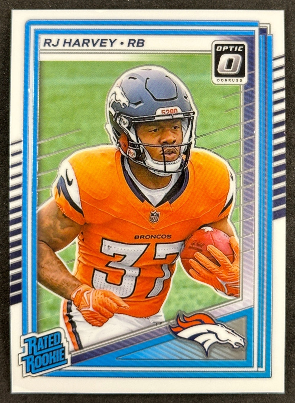 RJ Harvey 2025 Donruss Optic Rated Rookie Broncos Sports Trading Card