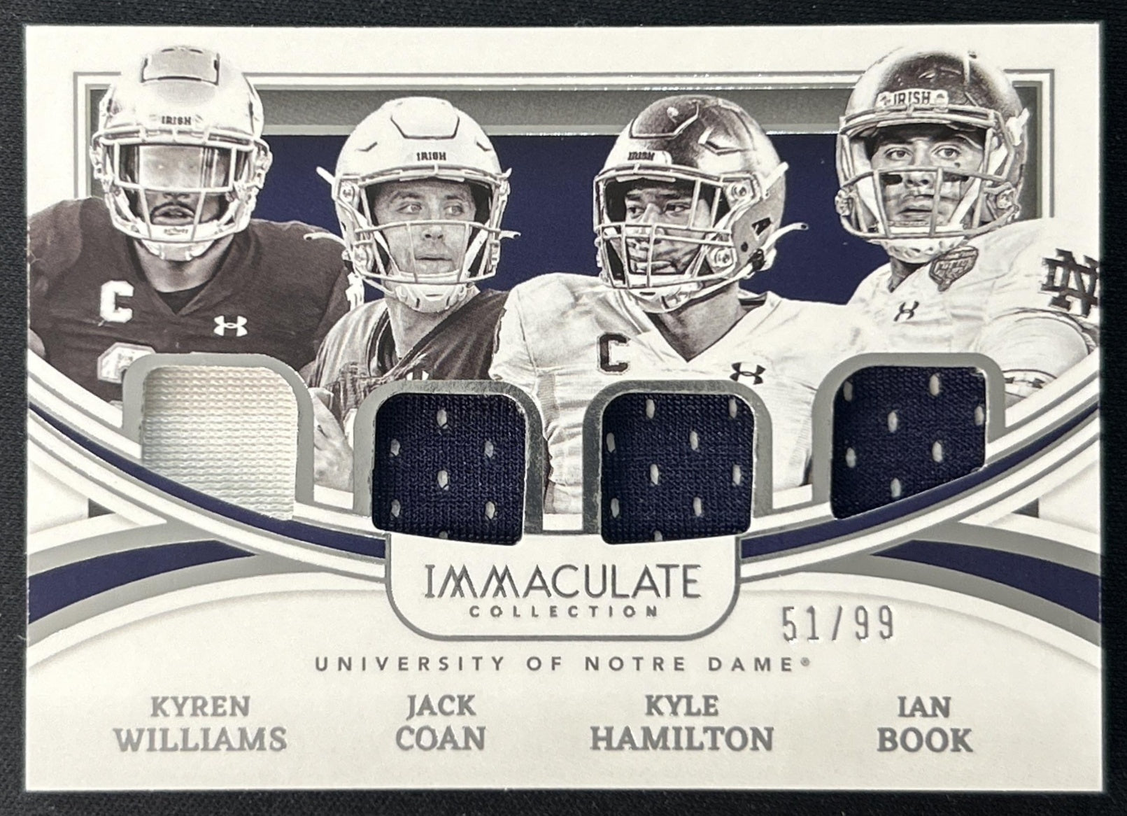 Kyle Hamilton Ian Book Jack Coan Kyren Williams 2022 Immaculate Collection Collegiate Monuments /99 Fighting Irish front