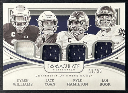 Kyle Hamilton Ian Book Jack Coan Kyren Williams 2022 Immaculate Collection Collegiate Monuments /99 Fighting Irish front