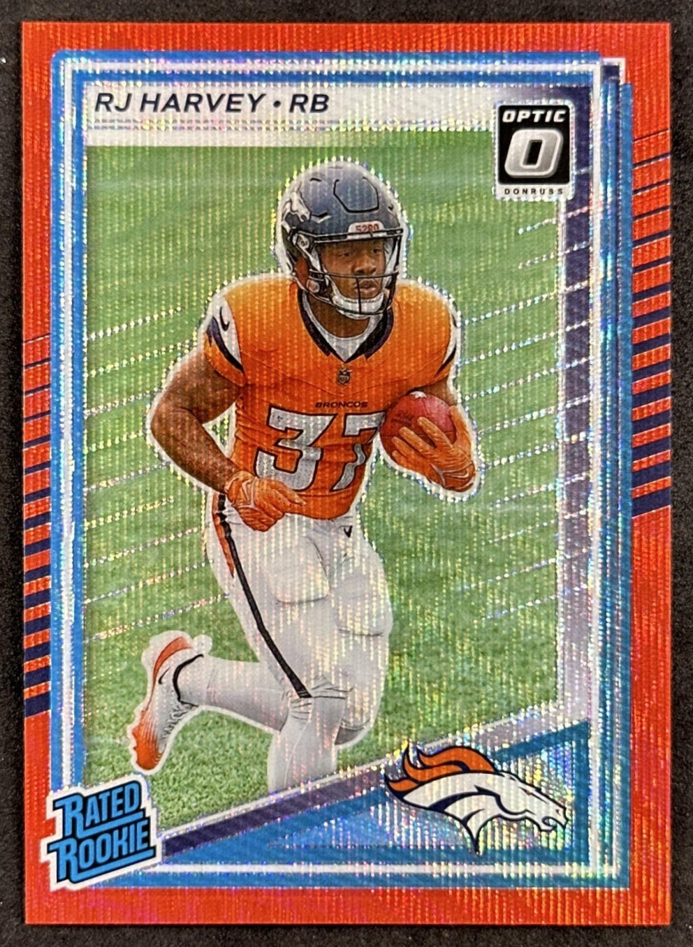 RJ Harvey 2025 Panini Donruss Optic Rated Rookie Preview Red Wave Broncos front