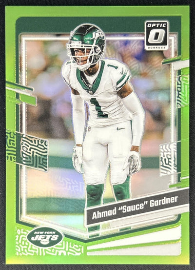 Ahmad "Sauce" Gardner 2023 Panini Donruss Optic Lime Green Prizm /20 Jets front