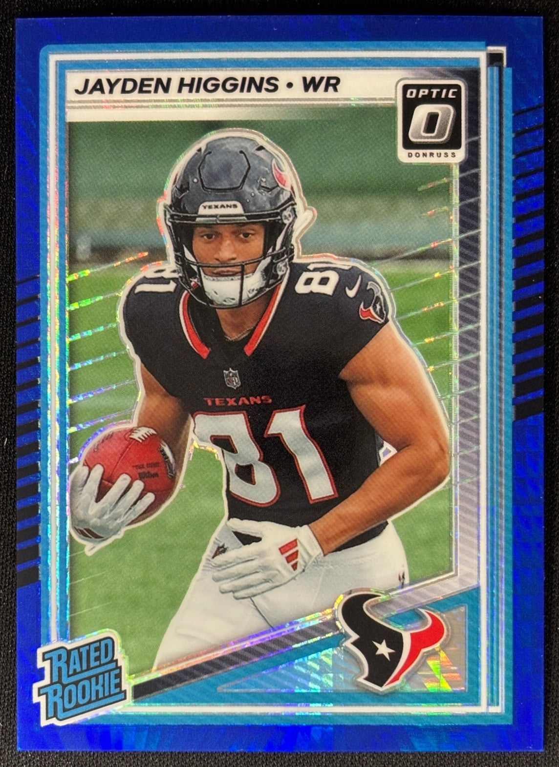 Jayden Higgins 2025 Donruss Optic Rated Rookie Blue Hyper Prizm Texans - Front