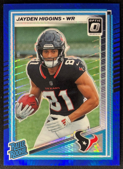 Jayden Higgins 2025 Donruss Optic Rated Rookie Blue Hyper Prizm Texans - Front