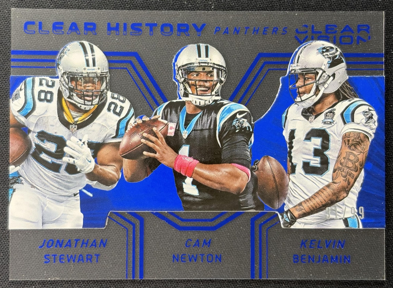 Cam Newton Jonathan Stewart Kelvin Benjamin 2016 Clear Vision History Trios Blue /99 Panthers Sports Trading Cards