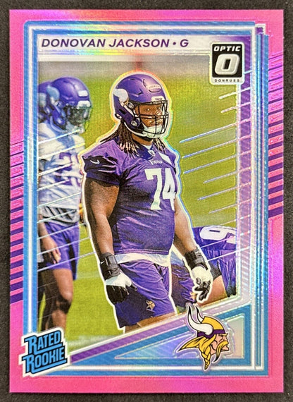 Donovan Jackson 2025 Panini Donruss Optic Rated Rookie Preview Pink Vikings front sports trading card