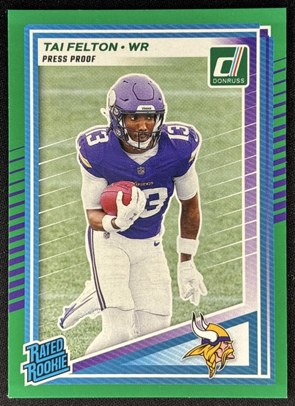 Tai Felton 2025 Panini Donruss Rated Rookie Press Proof Green Vikings front