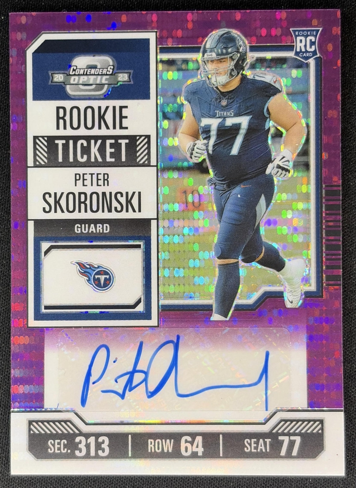 Peter Skoronski 2023 Panini Contenders Optic Purple Pulsar Auto /21 Titans