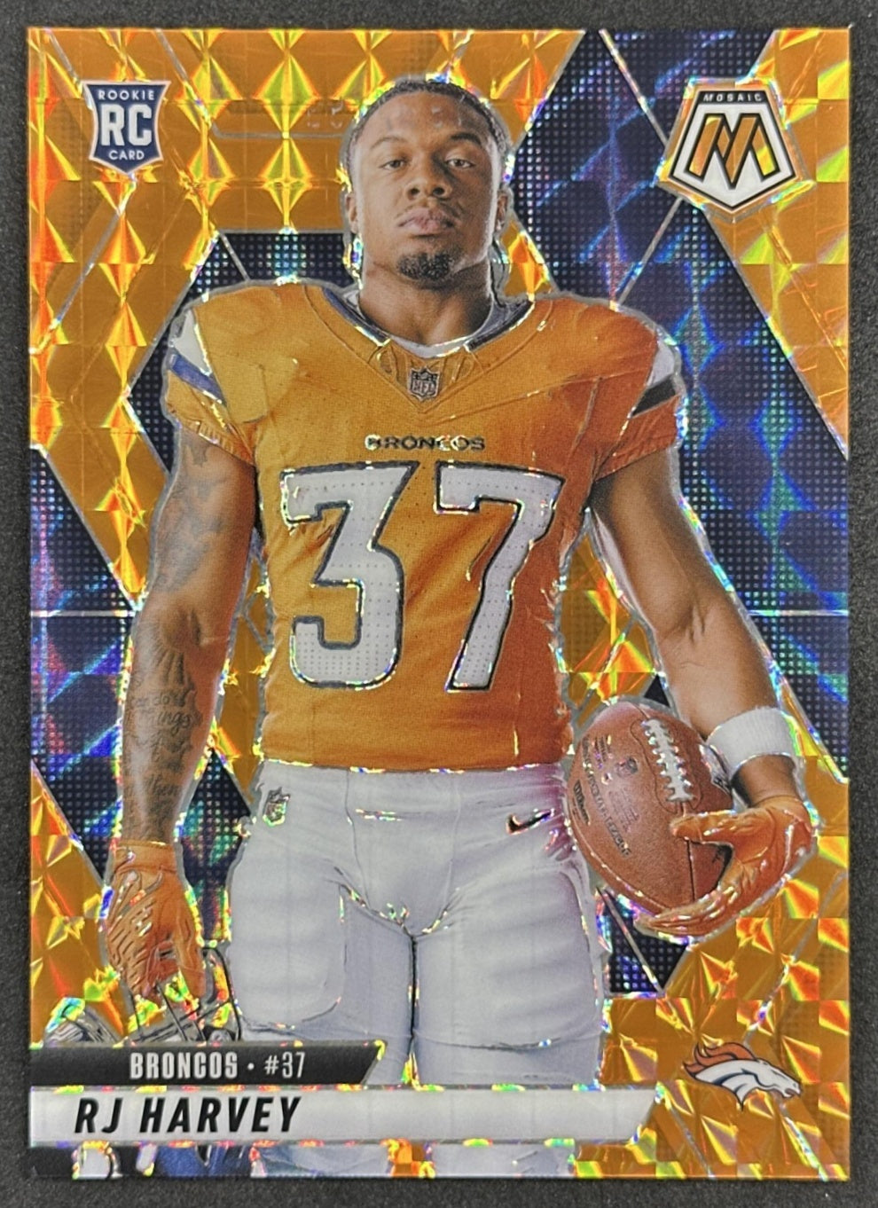 RJ Harvey 2025 Panini Mosaic Rookie Variation Orange Prizm /199 Broncos Sports Trading Cards