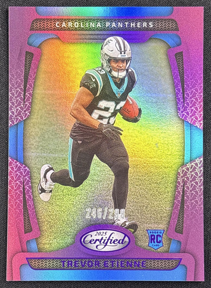 Trevor Etienne 2025 Panini Certified Rookies Mirror Purple /299 Panthers Carolina Panthers