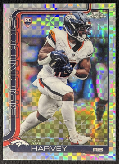 RJ Harvey 2025 Topps Chrome Rookie X-Fractor Broncos front