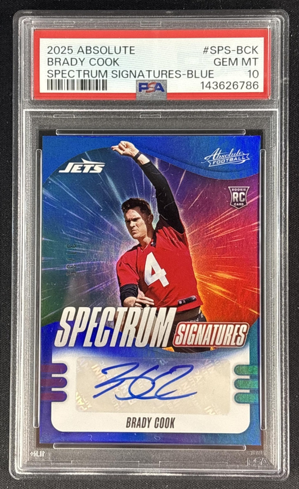 Brady Cook 2025 Panini Absolute Spectrum Signatures Blue /35 PSA 10 Jets Sports Trading Cards