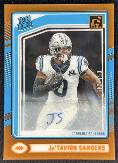Ja'Tavion Sanders 2024 Clearly Donruss Rated Rookie Auto Orange /249 Panthers Sports Trading Cards