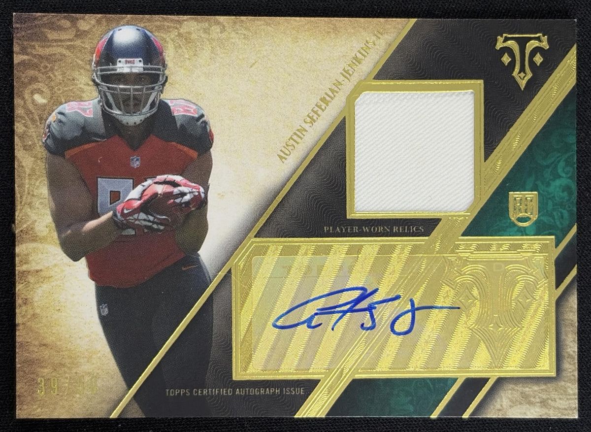 Front of Austin Seferian-Jenkins 2014 Topps Triple Threads Rookie Auto Relics Gold /25 Buccaneers sports trading card
