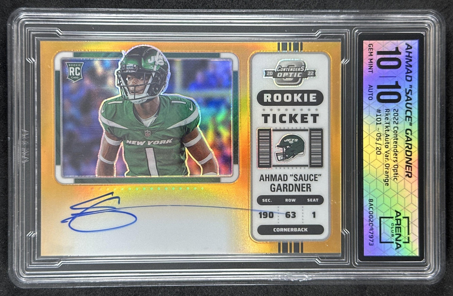 Ahmad "Sauce" Gardner 2022 Panini Contenders Optic Orange Rookie Auto /20 Arena Club 10 & Auto 10