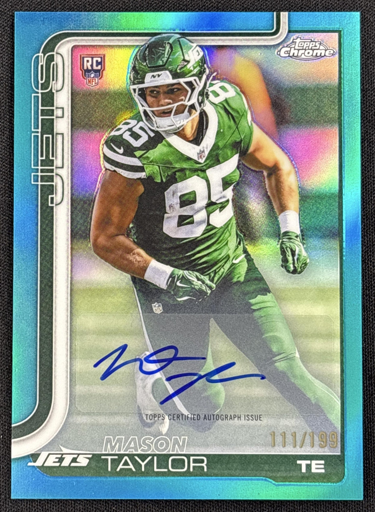 Mason Taylor 2025 Topps Chrome Rookie Auto Aqua Refractor /199 Jets