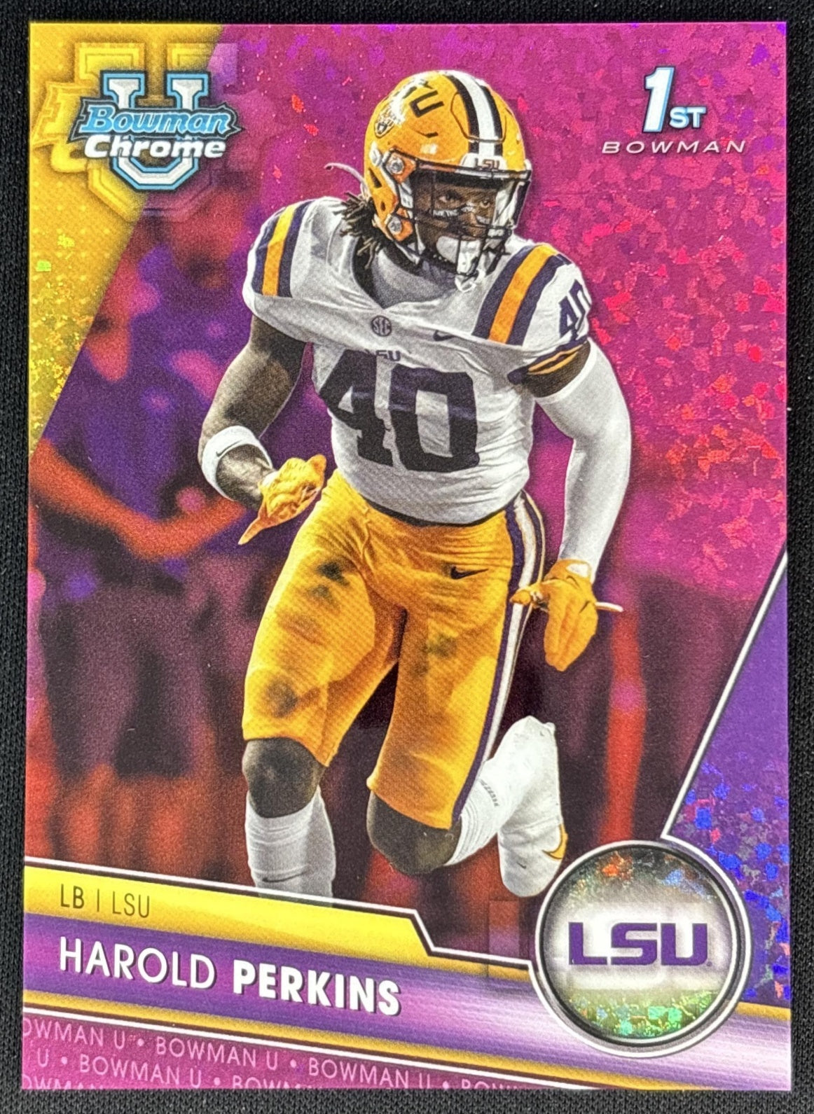 Harold Perkins 2023 University Chrome Fuschia Mini Diamond Refractor /150 Tigers Front