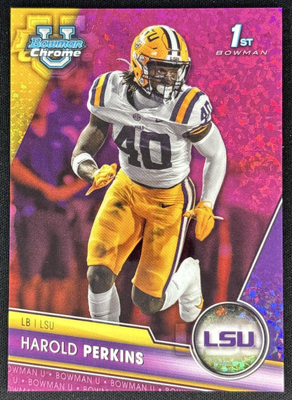 Harold Perkins 2023 University Chrome Fuschia Mini Diamond Refractor /150 Tigers Front
