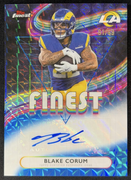 Blake Corum 2025 Topps Finest Auto Blue Geometric Refractor /99 Rams front