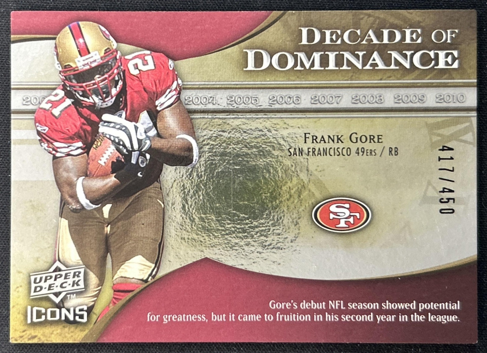Frank Gore 2009 Upper Deck Icons Decade of Dominance Silver /450 49ers front