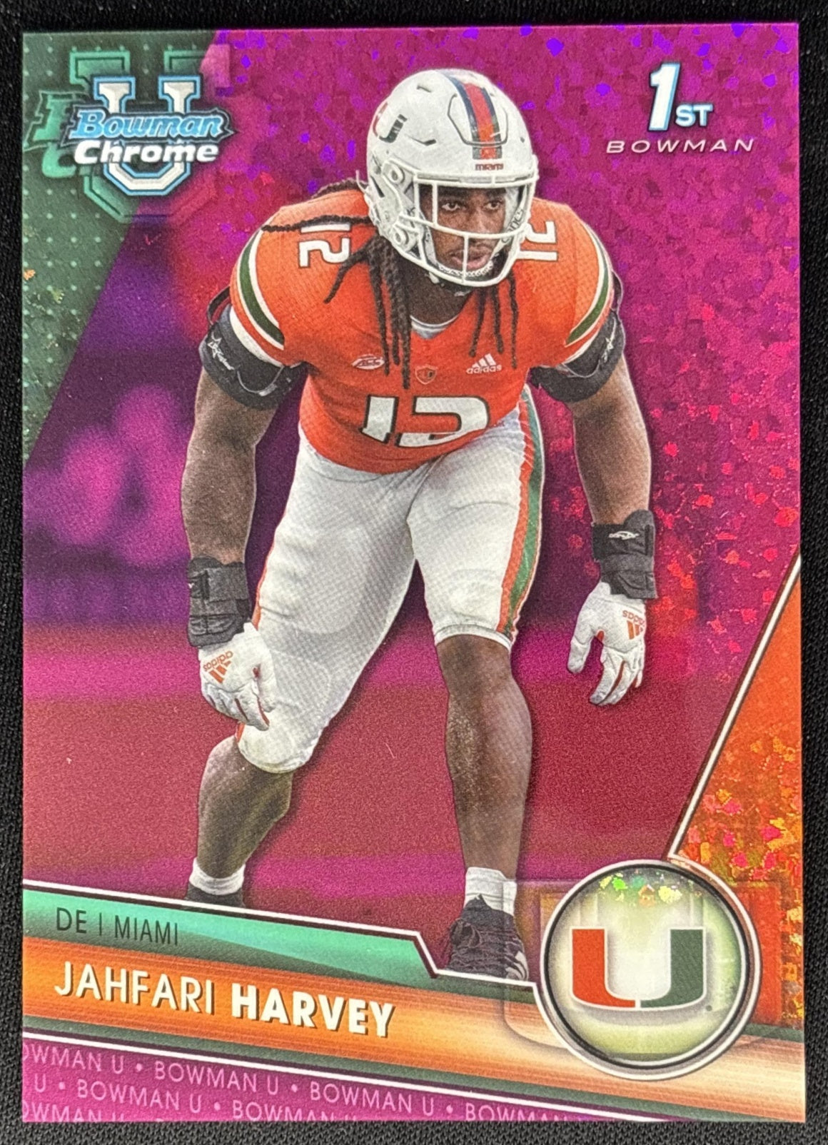 Jahfari Harvey 2023 University Chrome Fuschia Mini Diamond Refractor /150 Hurricanes front