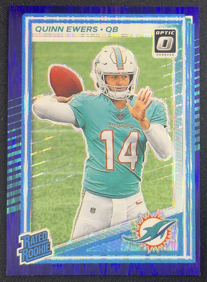 Quinn Ewers 2025 Panini Donruss Optic Rated Rookie Purple Shock Prizm Dolphins Miami Dolphins Sports Trading Card