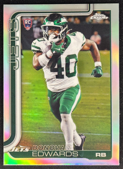 Donovan Edwards 2025 Topps Chrome Rookie Refractor Jets Sports Trading Cards