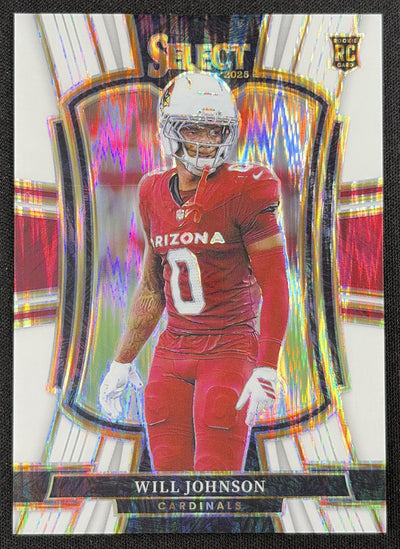 Will Johnson 2025 Panini Select Premier Level White Prizm Shock /799 Cardinals Sports Trading Card