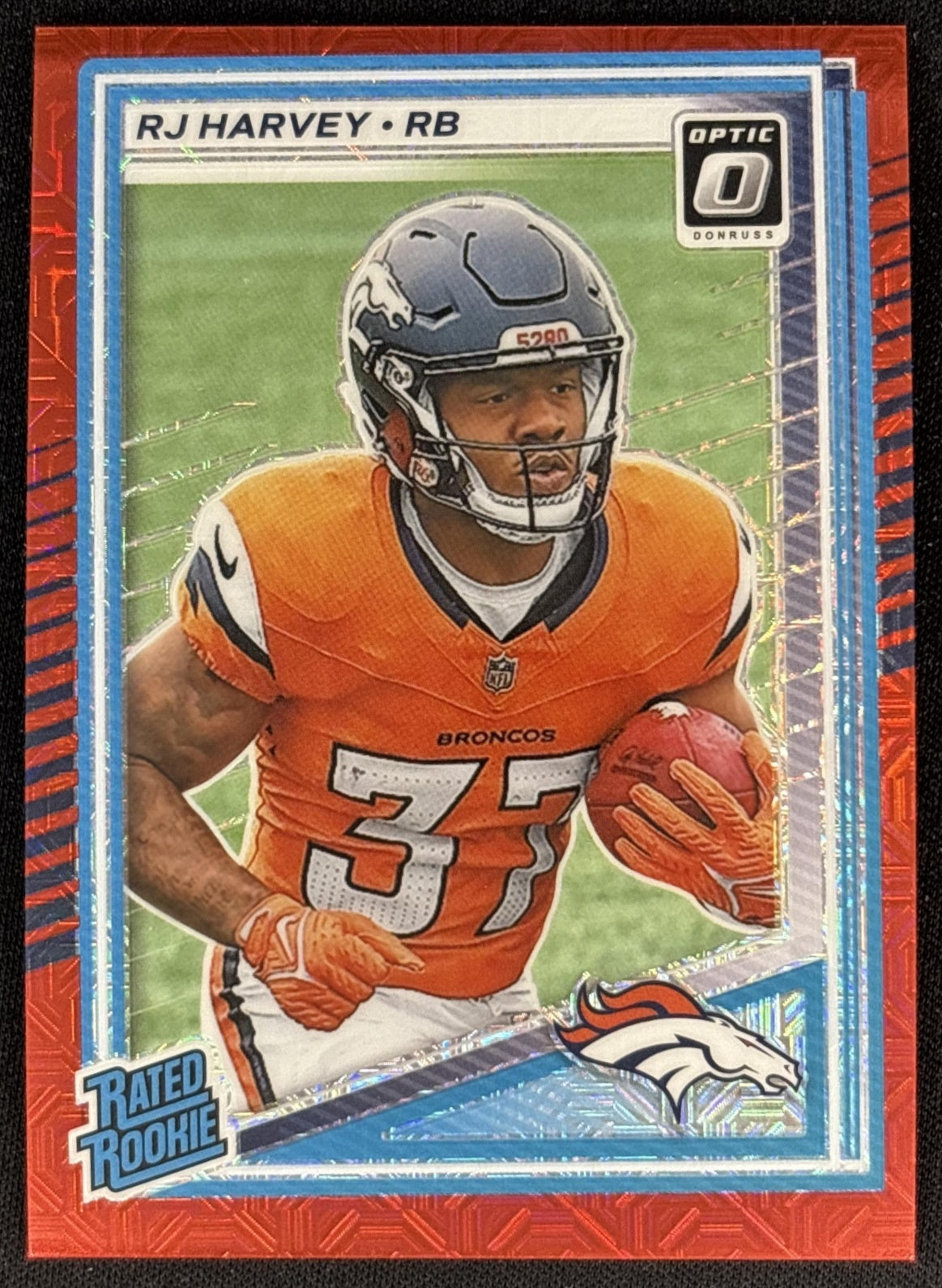 RJ Harvey 2025 Panini Donruss Optic Rated Rookie Red Mojo Prizm Broncos Front