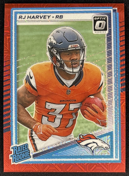 RJ Harvey 2025 Panini Donruss Optic Rated Rookie Red Mojo Prizm Broncos Front