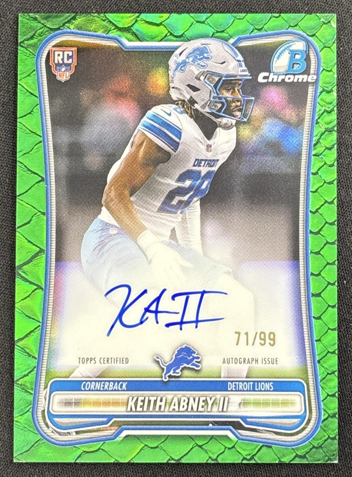 Keith Abney II 2026 Bowman Chrome Rookie Auto Green Reptilian Refractor /99 Lions