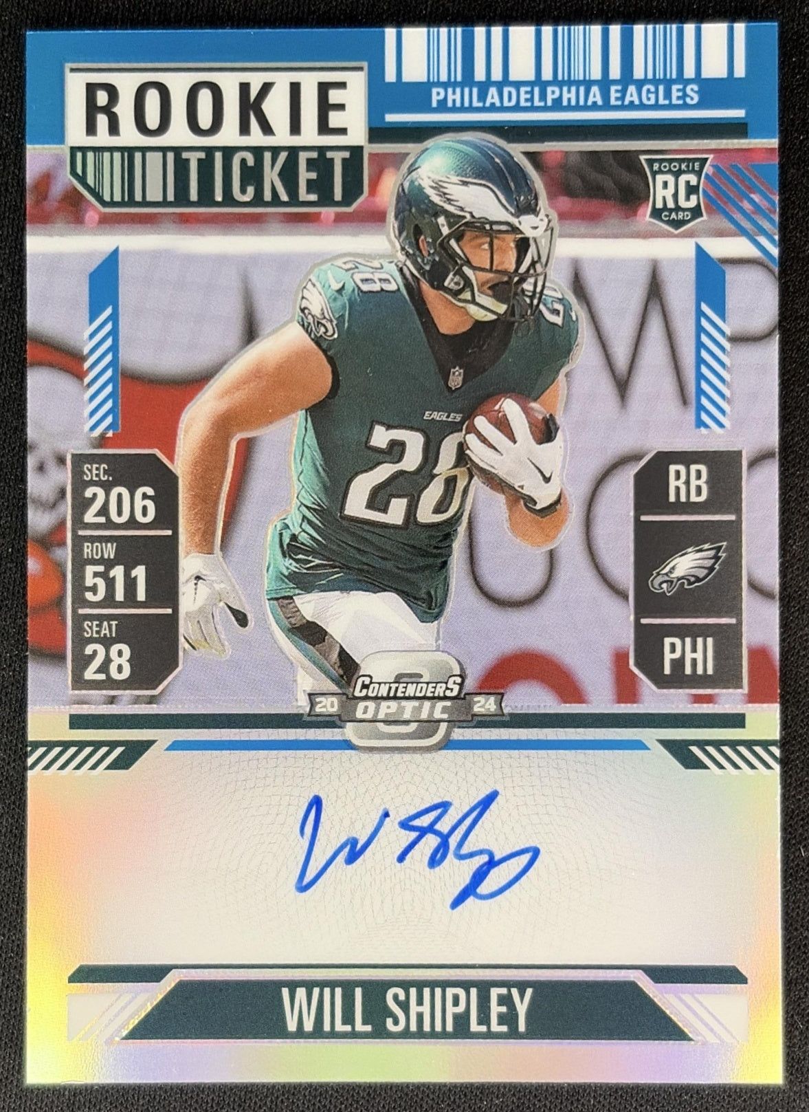 Will Shipley 2024 Contenders Optic Rookie Ticket RPS Auto Teal Prizm /99 Eagles front