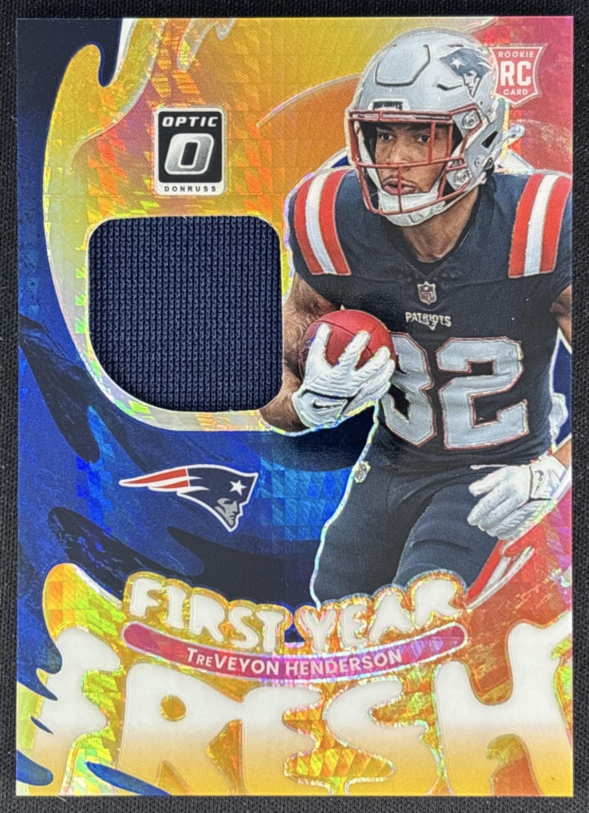 TreVeyon Henderson 2025 Donruss Optic First Year Fresh Blue Hyper Prizm Patriots front
